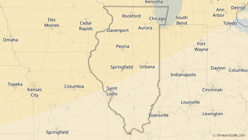 A map of Illinois, USA, showing the path of the 27. Jan 2055 Partielle Sonnenfinsternis