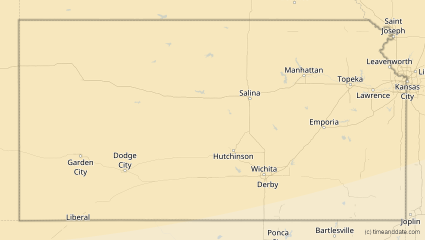 A map of Kansas, USA, showing the path of the 27. Jan 2055 Partielle Sonnenfinsternis