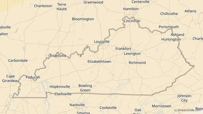 A map of Kentucky, USA, showing the path of the 27. Jan 2055 Partielle Sonnenfinsternis
