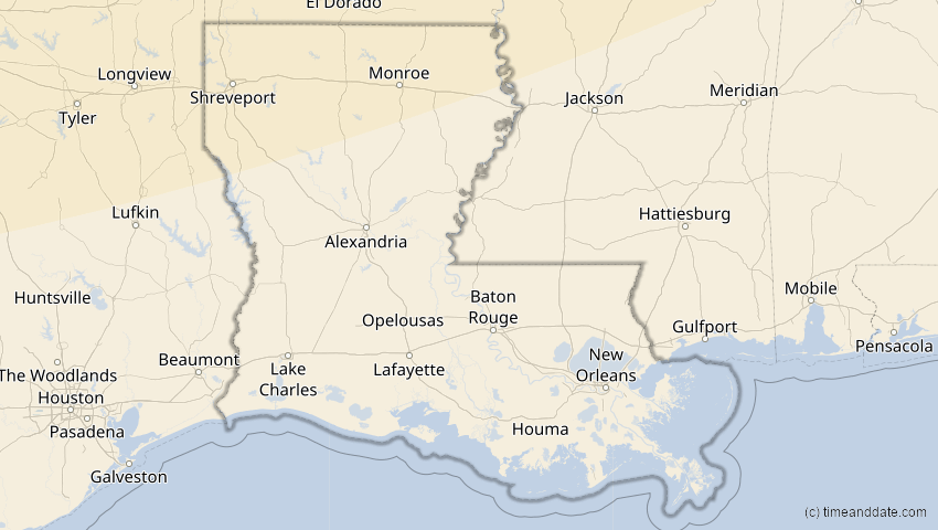 A map of Louisiana, USA, showing the path of the 27. Jan 2055 Partielle Sonnenfinsternis
