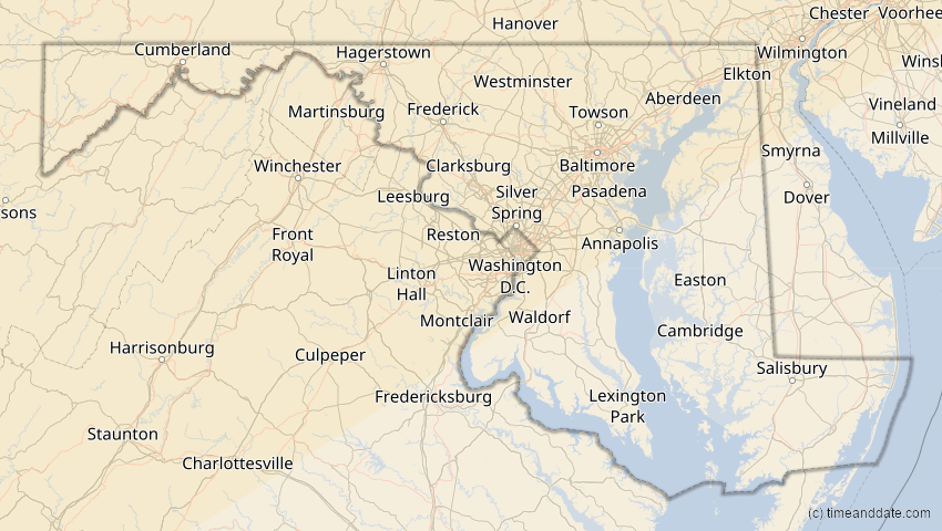 A map of Maryland, USA, showing the path of the 27. Jan 2055 Partielle Sonnenfinsternis