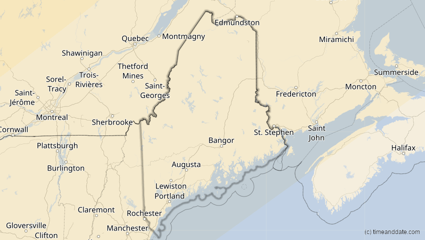 A map of Maine, USA, showing the path of the 27. Jan 2055 Partielle Sonnenfinsternis