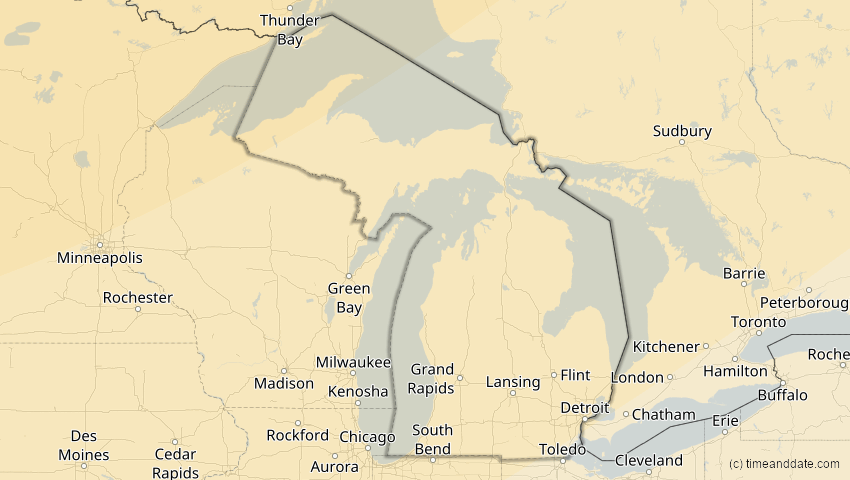 A map of Michigan, USA, showing the path of the 27. Jan 2055 Partielle Sonnenfinsternis