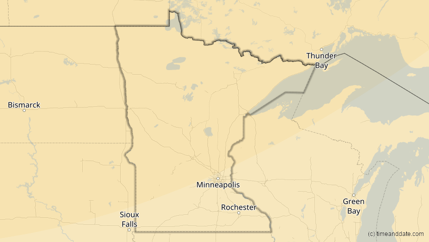 A map of Minnesota, USA, showing the path of the 27. Jan 2055 Partielle Sonnenfinsternis