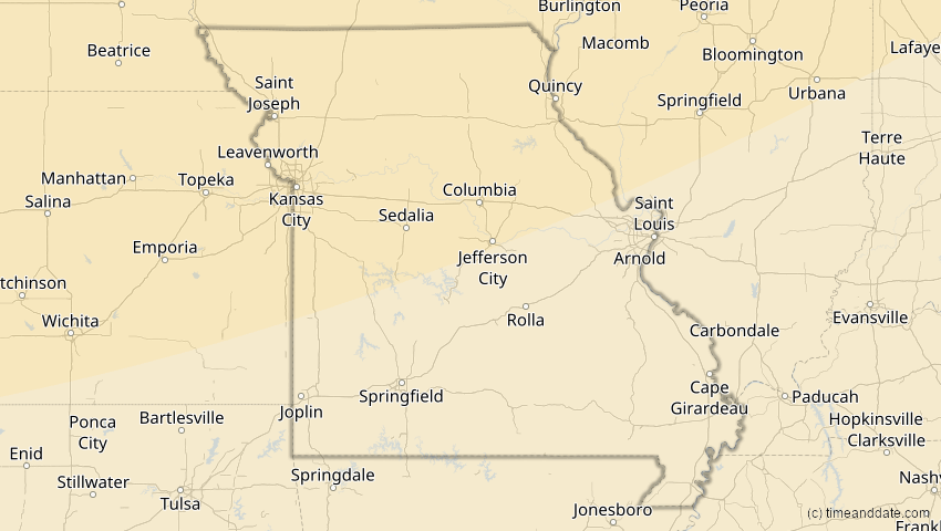 A map of Missouri, USA, showing the path of the 27. Jan 2055 Partielle Sonnenfinsternis