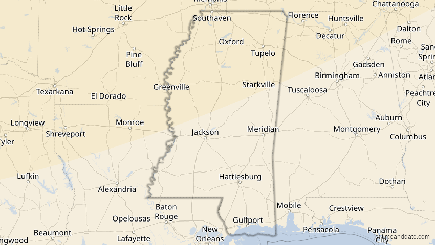 A map of Mississippi, USA, showing the path of the 27. Jan 2055 Partielle Sonnenfinsternis
