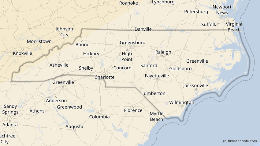 A map of North Carolina, USA, showing the path of the 27. Jan 2055 Partielle Sonnenfinsternis
