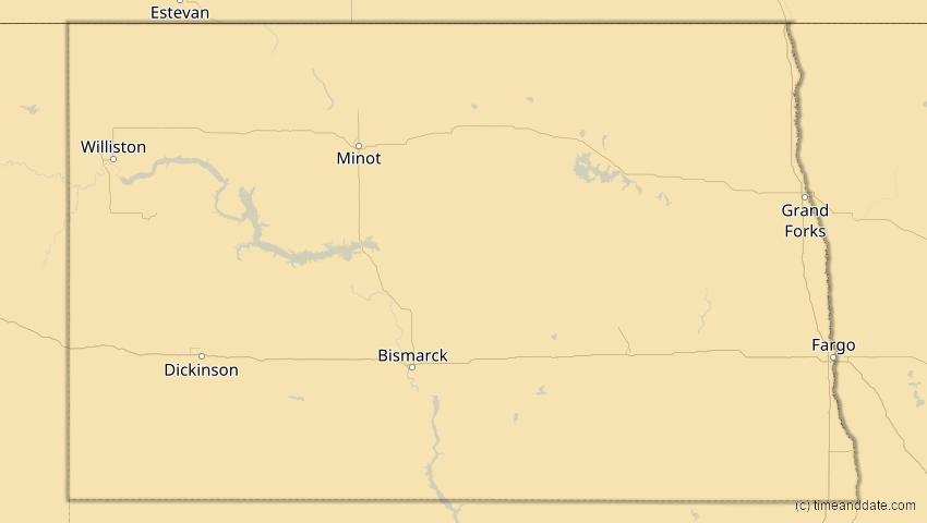 A map of North Dakota, USA, showing the path of the 27. Jan 2055 Partielle Sonnenfinsternis