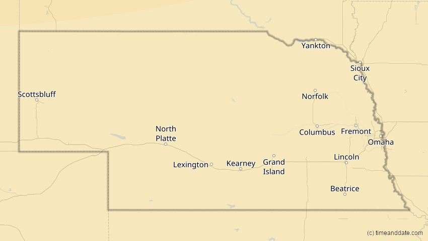 A map of Nebraska, USA, showing the path of the 27. Jan 2055 Partielle Sonnenfinsternis