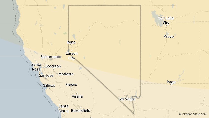 A map of Nevada, USA, showing the path of the 27. Jan 2055 Partielle Sonnenfinsternis