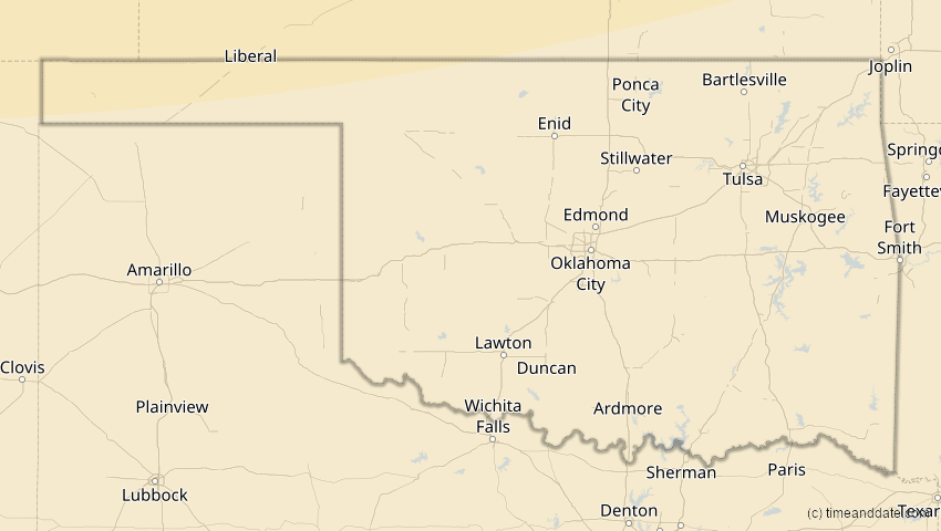 A map of Oklahoma, USA, showing the path of the 27. Jan 2055 Partielle Sonnenfinsternis