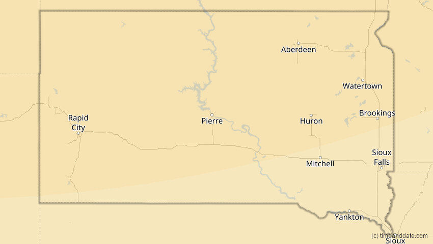 A map of South Dakota, USA, showing the path of the 27. Jan 2055 Partielle Sonnenfinsternis