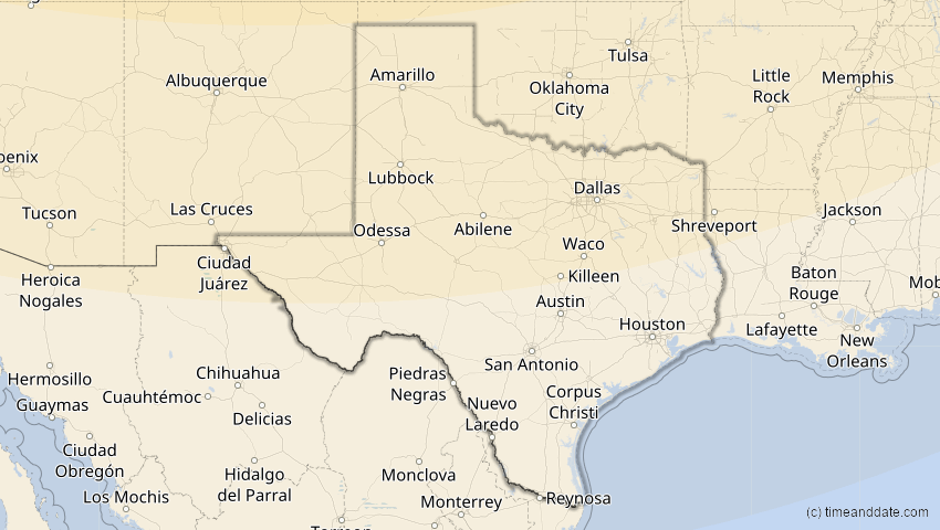 A map of Texas, USA, showing the path of the 27. Jan 2055 Partielle Sonnenfinsternis