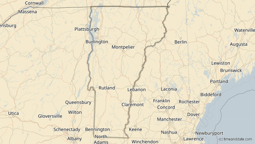 A map of Vermont, USA, showing the path of the 27. Jan 2055 Partielle Sonnenfinsternis
