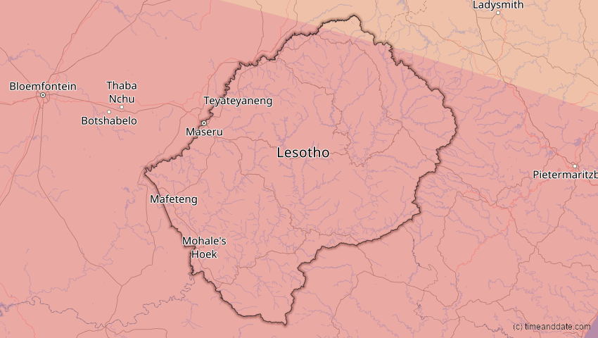 A map of Lesotho, showing the path of the 24. Jul 2055 Totale Sonnenfinsternis