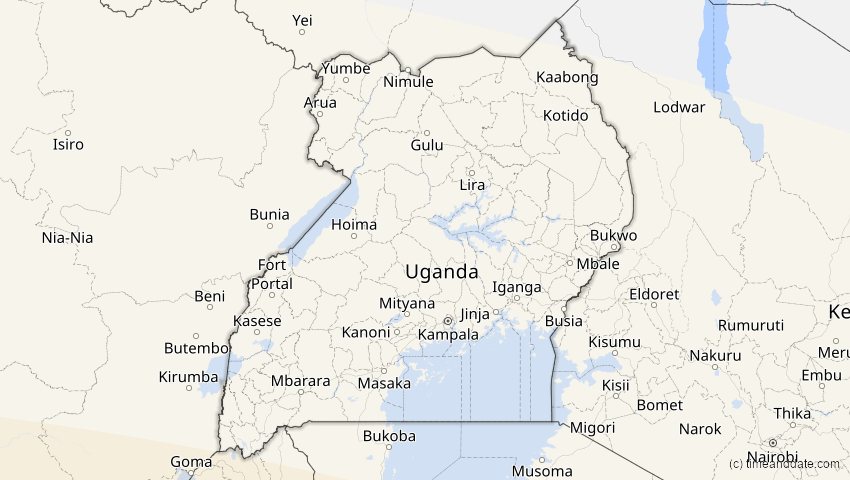 A map of Uganda, showing the path of the 24. Jul 2055 Totale Sonnenfinsternis
