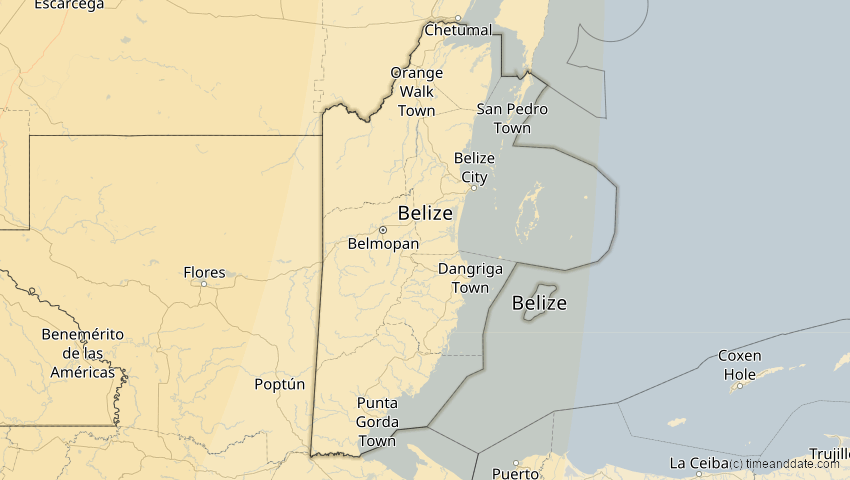 A map of Belize, showing the path of the 16. Jan 2056 Ringförmige Sonnenfinsternis