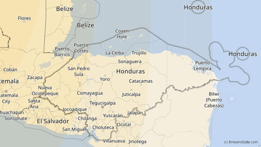 A map of Honduras, showing the path of the 16. Jan 2056 Ringförmige Sonnenfinsternis