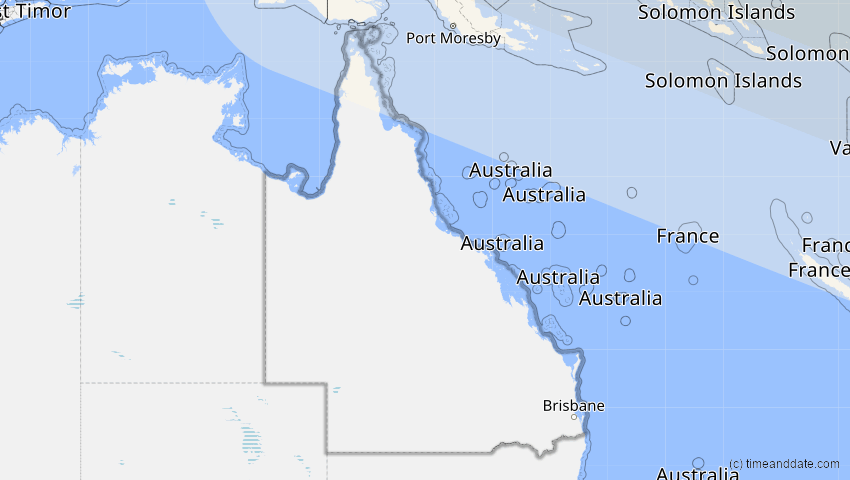 A map of Queensland, Australien, showing the path of the 17. Jan 2056 Ringförmige Sonnenfinsternis