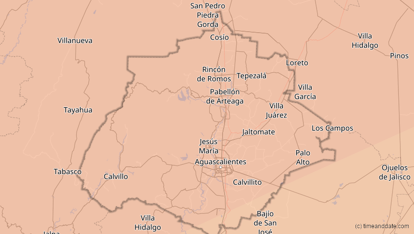 A map of Aguascalientes, Mexiko, showing the path of the 16. Jan 2056 Ringförmige Sonnenfinsternis