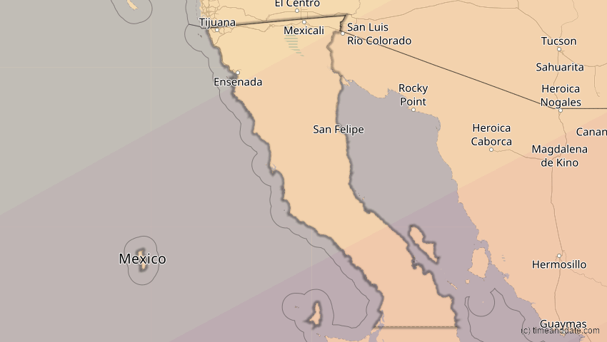 A map of Baja California, Mexiko, showing the path of the 16. Jan 2056 Ringförmige Sonnenfinsternis