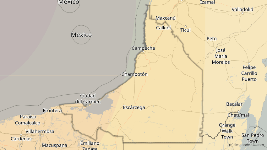 A map of Campeche, Mexiko, showing the path of the 16. Jan 2056 Ringförmige Sonnenfinsternis