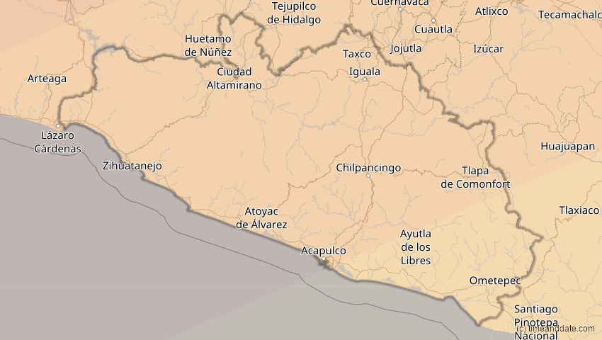 A map of Guerrero, Mexiko, showing the path of the 16. Jan 2056 Ringförmige Sonnenfinsternis