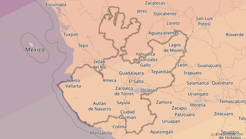 A map of Jalisco, Mexiko, showing the path of the 16. Jan 2056 Ringförmige Sonnenfinsternis