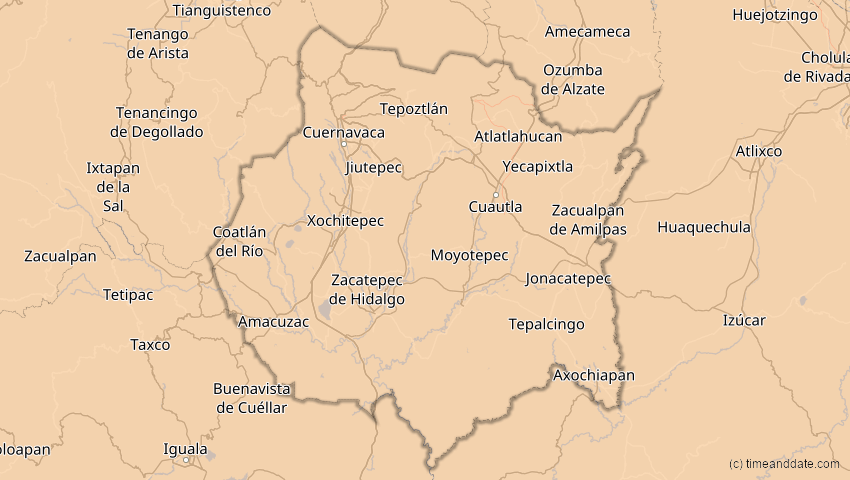 A map of Morelos, Mexiko, showing the path of the 16. Jan 2056 Ringförmige Sonnenfinsternis