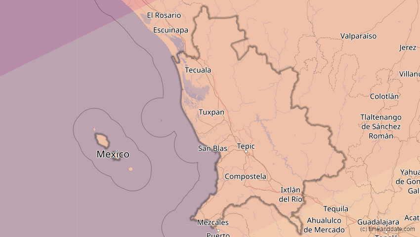 A map of Nayarit, Mexiko, showing the path of the 16. Jan 2056 Ringförmige Sonnenfinsternis
