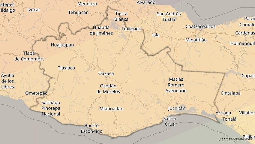 A map of Oaxaca, Mexiko, showing the path of the 16. Jan 2056 Ringförmige Sonnenfinsternis
