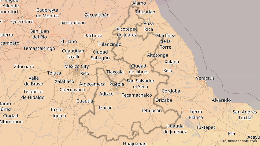 A map of Puebla, Mexiko, showing the path of the 16. Jan 2056 Ringförmige Sonnenfinsternis