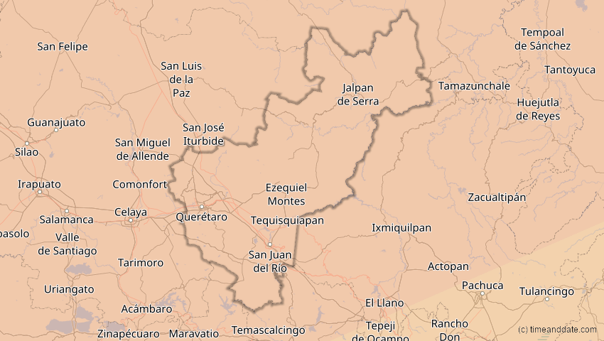 A map of Querétaro, Mexiko, showing the path of the 16. Jan 2056 Ringförmige Sonnenfinsternis