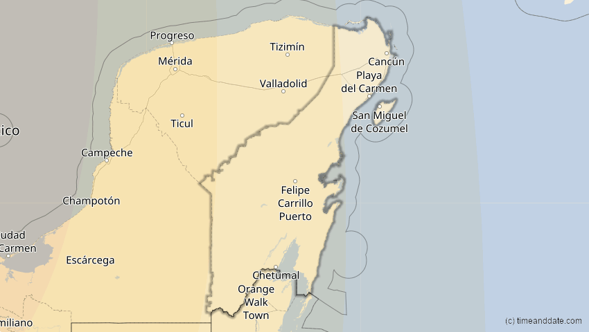 A map of Quintana Roo, Mexiko, showing the path of the 16. Jan 2056 Ringförmige Sonnenfinsternis
