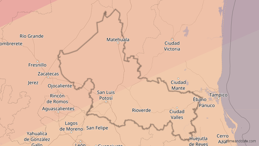 A map of San Luis Potosí, Mexiko, showing the path of the 16. Jan 2056 Ringförmige Sonnenfinsternis