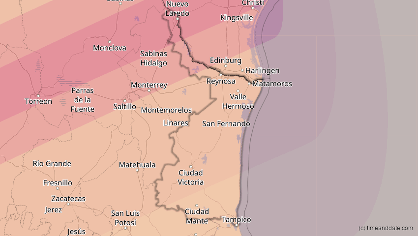 A map of Tamaulipas, Mexiko, showing the path of the 16. Jan 2056 Ringförmige Sonnenfinsternis