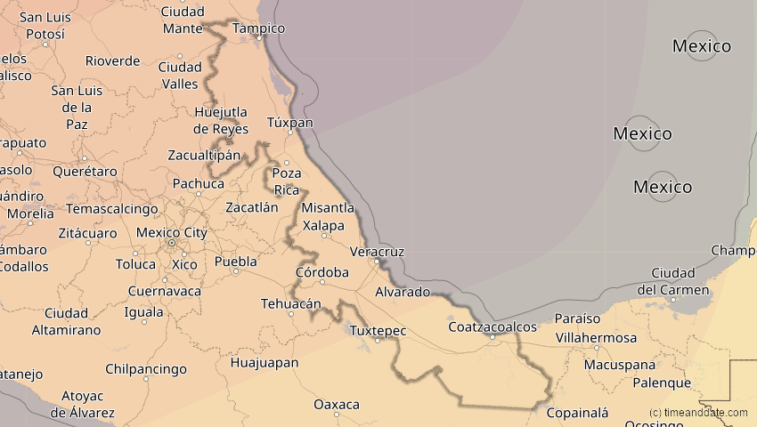 A map of Veracruz, Mexiko, showing the path of the 16. Jan 2056 Ringförmige Sonnenfinsternis