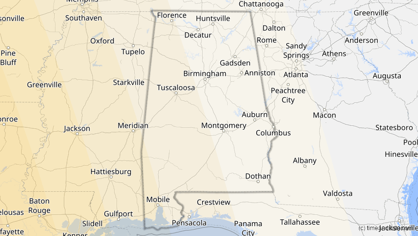 A map of Alabama, USA, showing the path of the 16. Jan 2056 Ringförmige Sonnenfinsternis
