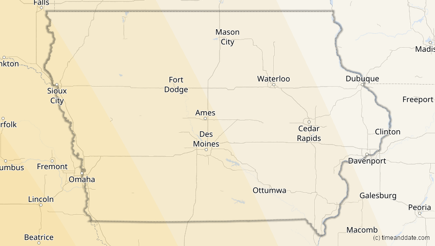 A map of Iowa, USA, showing the path of the 16. Jan 2056 Ringförmige Sonnenfinsternis