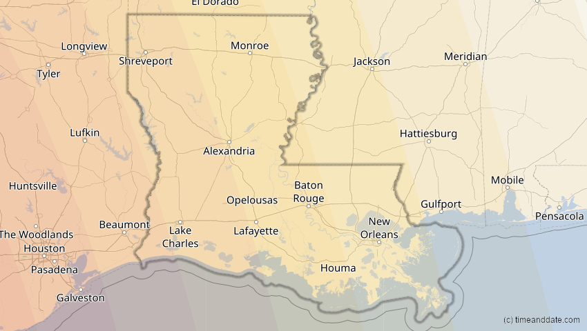 A map of Louisiana, USA, showing the path of the 16. Jan 2056 Ringförmige Sonnenfinsternis