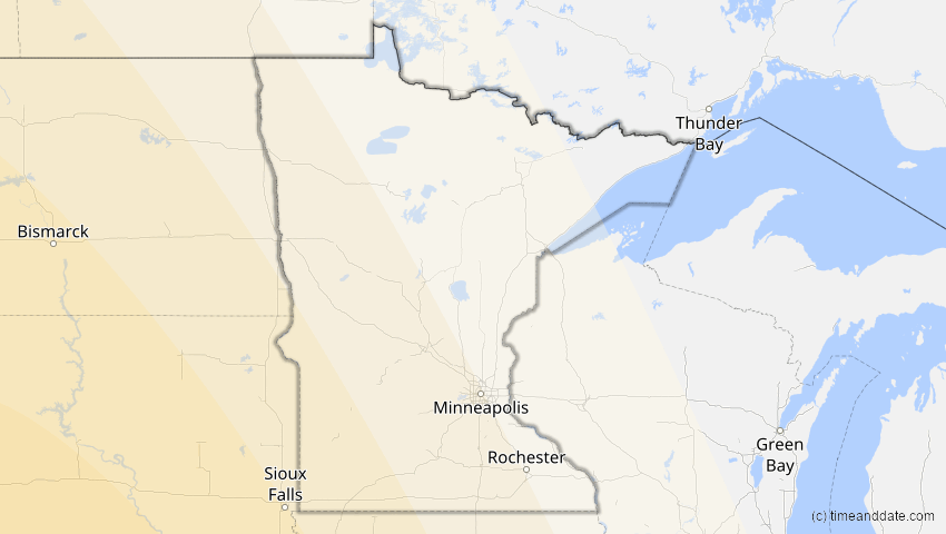 A map of Minnesota, USA, showing the path of the 16. Jan 2056 Ringförmige Sonnenfinsternis
