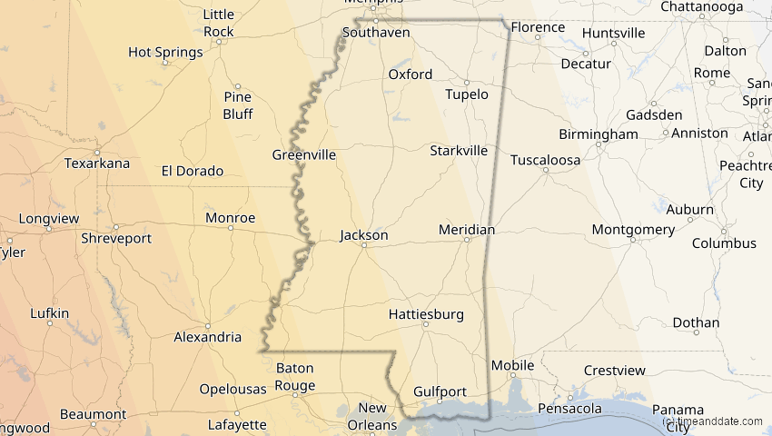 A map of Mississippi, USA, showing the path of the 16. Jan 2056 Ringförmige Sonnenfinsternis
