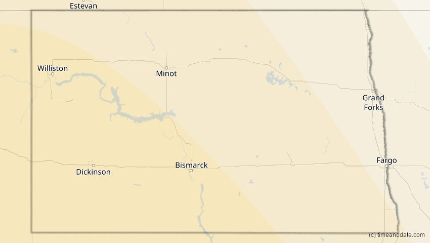 A map of North Dakota, USA, showing the path of the 16. Jan 2056 Ringförmige Sonnenfinsternis