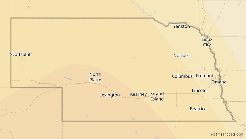 A map of Nebraska, USA, showing the path of the 16. Jan 2056 Ringförmige Sonnenfinsternis