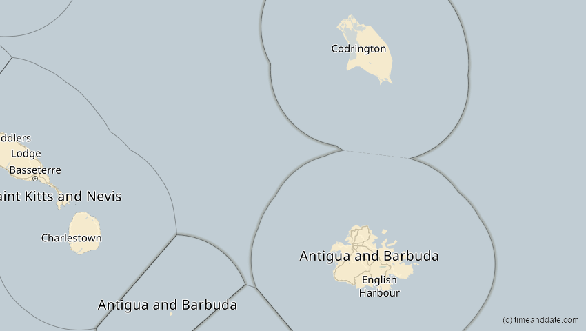 A map of Antigua und Barbuda, showing the path of the 12. Jul 2056 Ringförmige Sonnenfinsternis