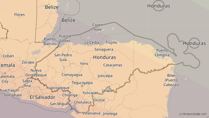 A map of Honduras, showing the path of the 12. Jul 2056 Ringförmige Sonnenfinsternis