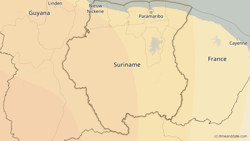 A map of Suriname, showing the path of the 12. Jul 2056 Ringförmige Sonnenfinsternis
