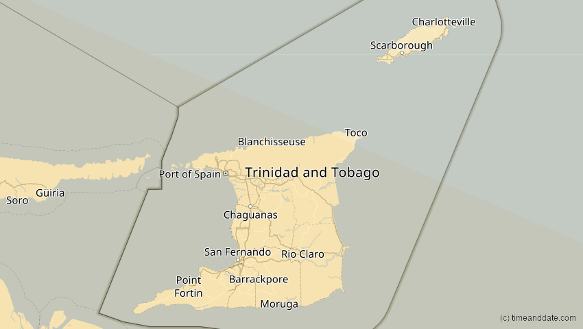 A map of Trinidad und Tobago, showing the path of the 12. Jul 2056 Ringförmige Sonnenfinsternis