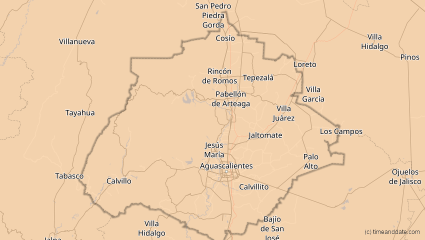 A map of Aguascalientes, Mexiko, showing the path of the 12. Jul 2056 Ringförmige Sonnenfinsternis