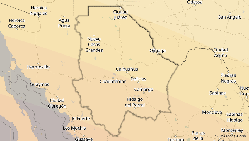 A map of Chihuahua, Mexiko, showing the path of the 12. Jul 2056 Ringförmige Sonnenfinsternis
